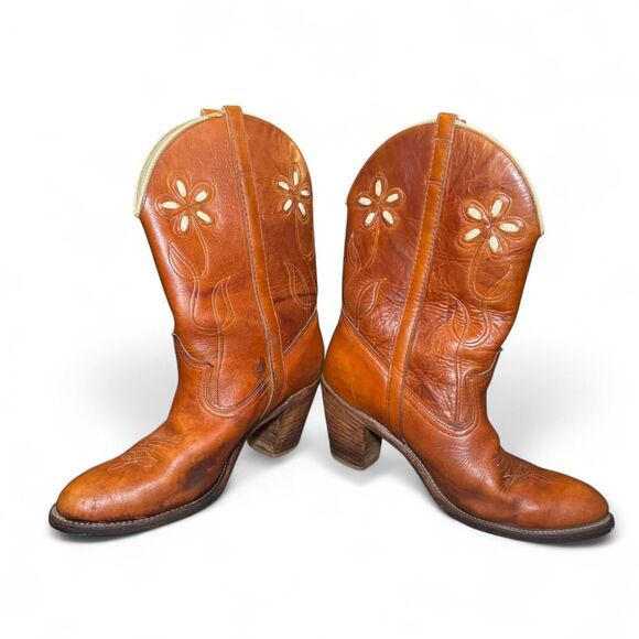 Dingo Women’s Brown Leather Western Cowboy Boots Size 10M Flower Cutout U.S.A. - Picture 3 of 7